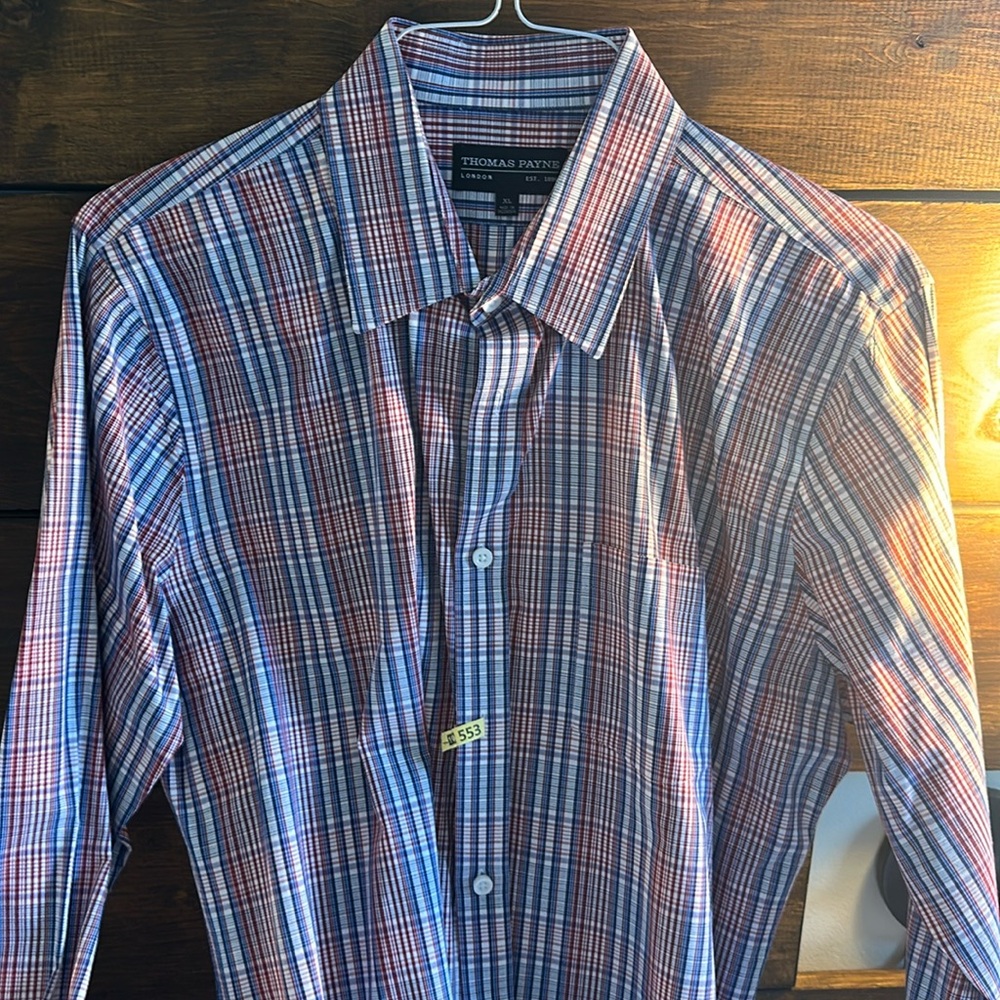 Thomas Payne red white and blue dress shirt, XL, fits like 16.5 - 34/5